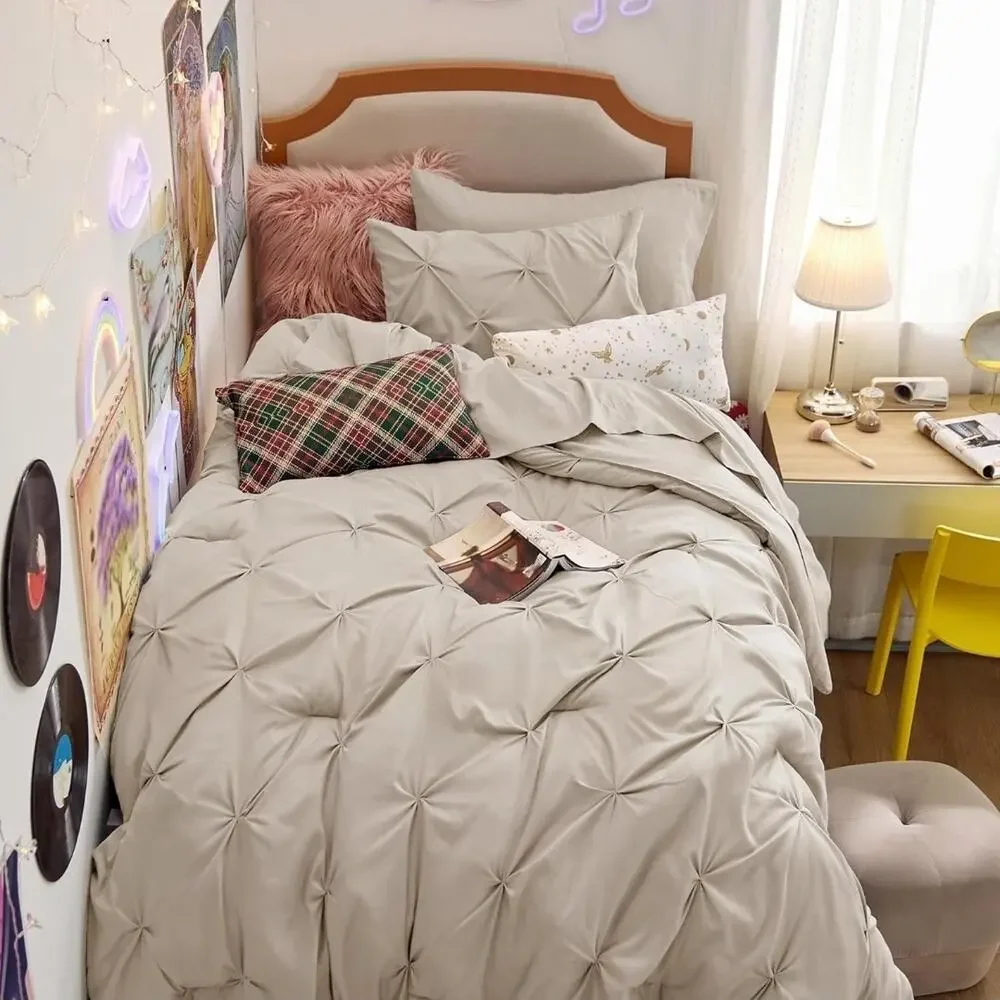 Bedsure Twin XL Comforter Set Beige Pinch Pleat 5pc Dorm Bed in a Bag NEW